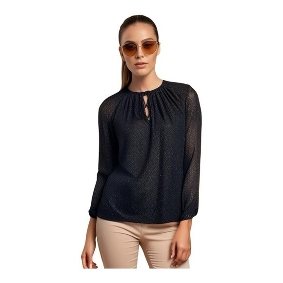 Michael Kors Black Fuzzy Sparkle Textured Blouse S/M Bow Front Long Sleeve EXC - Picture 2 of 7